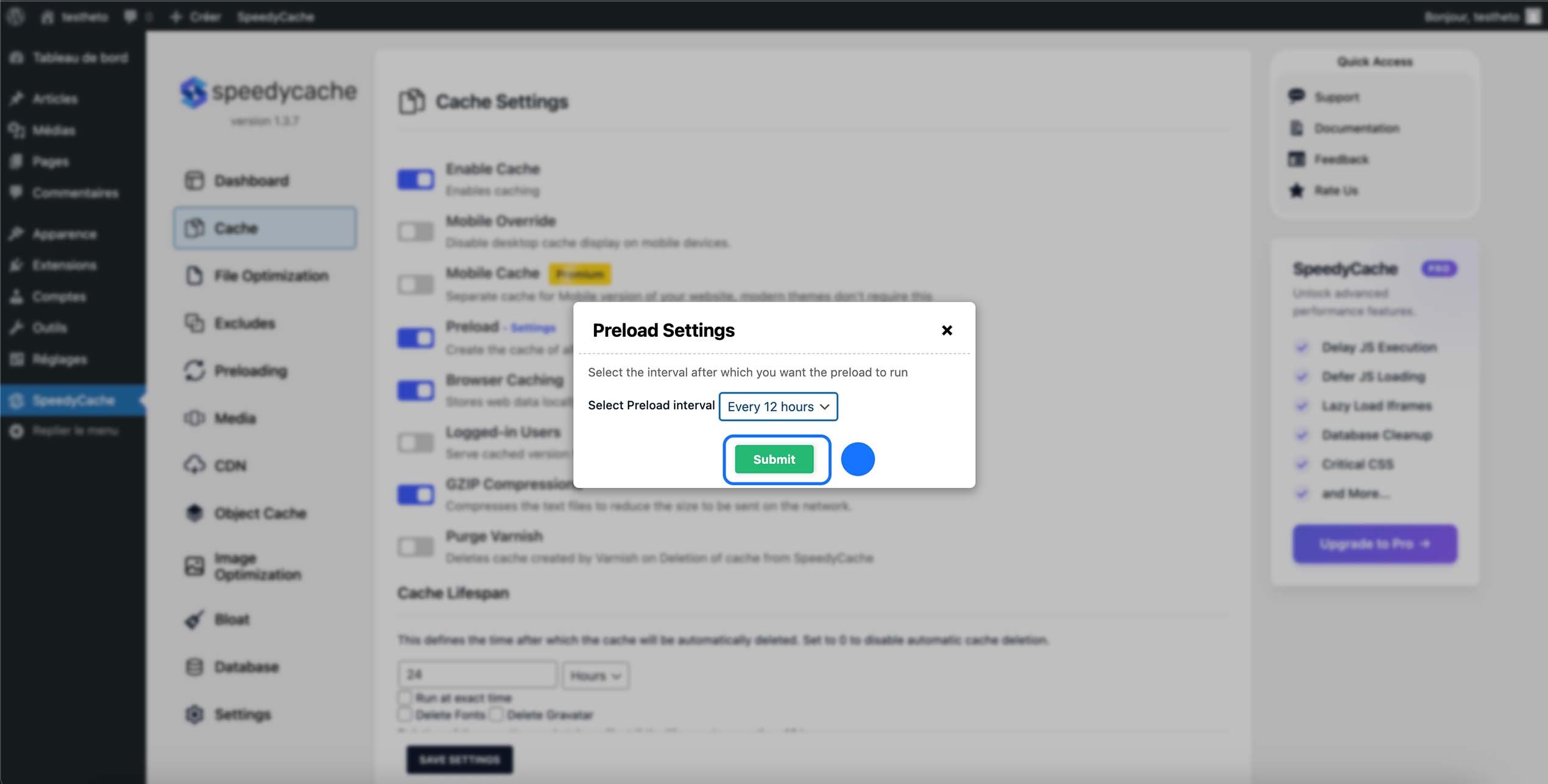Configuration du préchargement du cache dans SpeedyCache en définissant un intervalle automatique (toutes les 12 heures) afin de régénérer régulièrement le cache et maintenir des performances optimales du site.