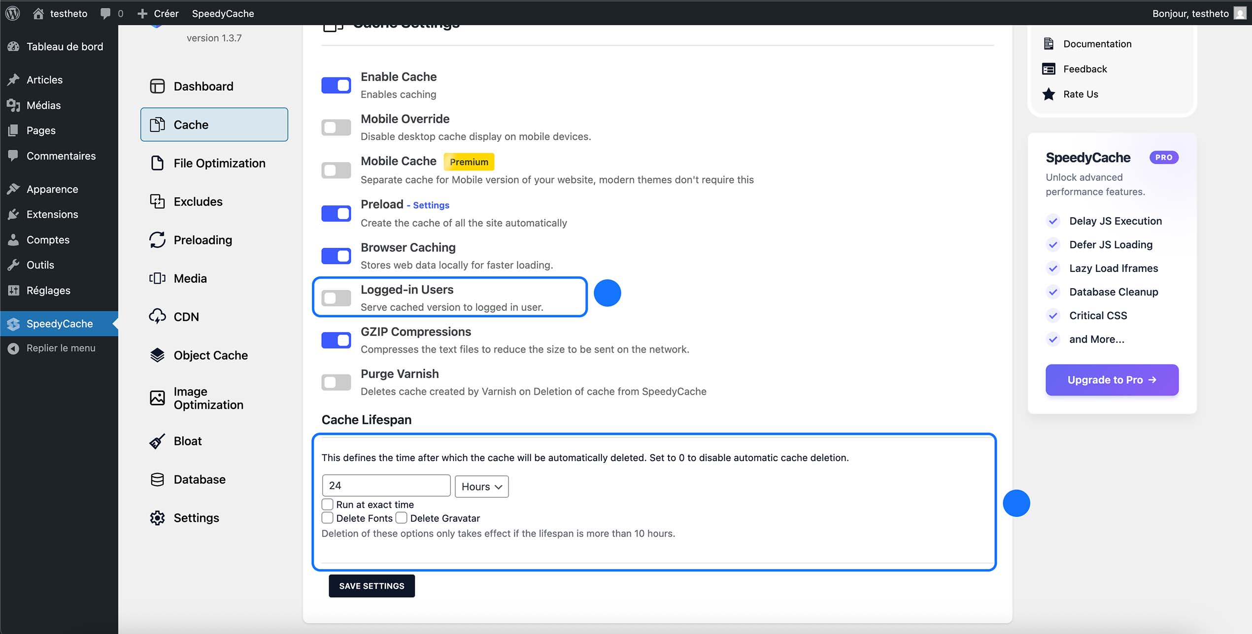 Configuration des options de cache dans SpeedyCache, incluant la gestion du cache pour les utilisateurs connectés et la définition de la durée de vie du cache afin d’optimiser automatiquement les performances du site.