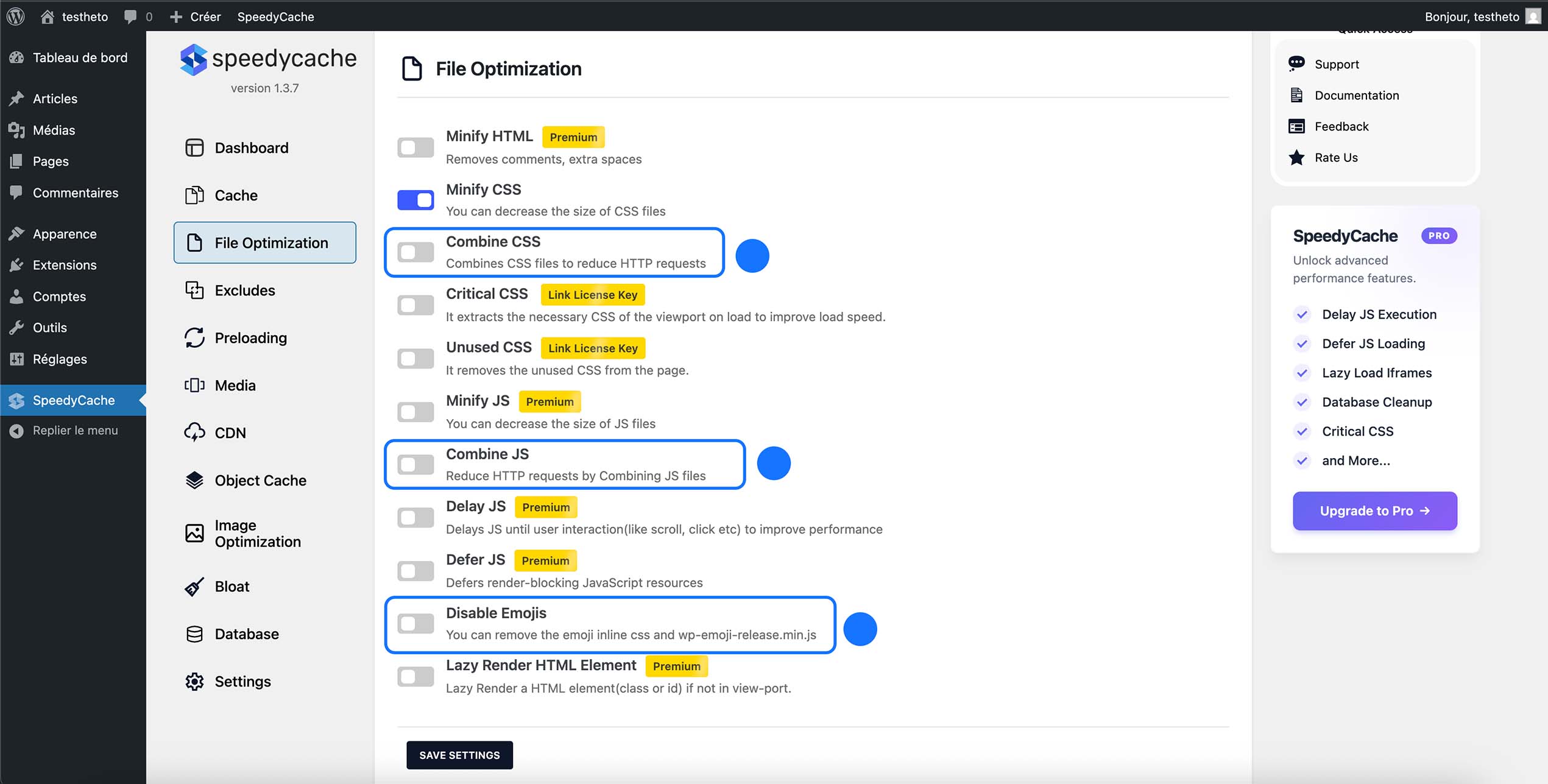 Optimisation des fichiers CSS et JavaScript dans SpeedyCache en combinant les ressources, en réduisant les requêtes HTTP et en désactivant les emojis afin d’améliorer la vitesse de chargement du site.