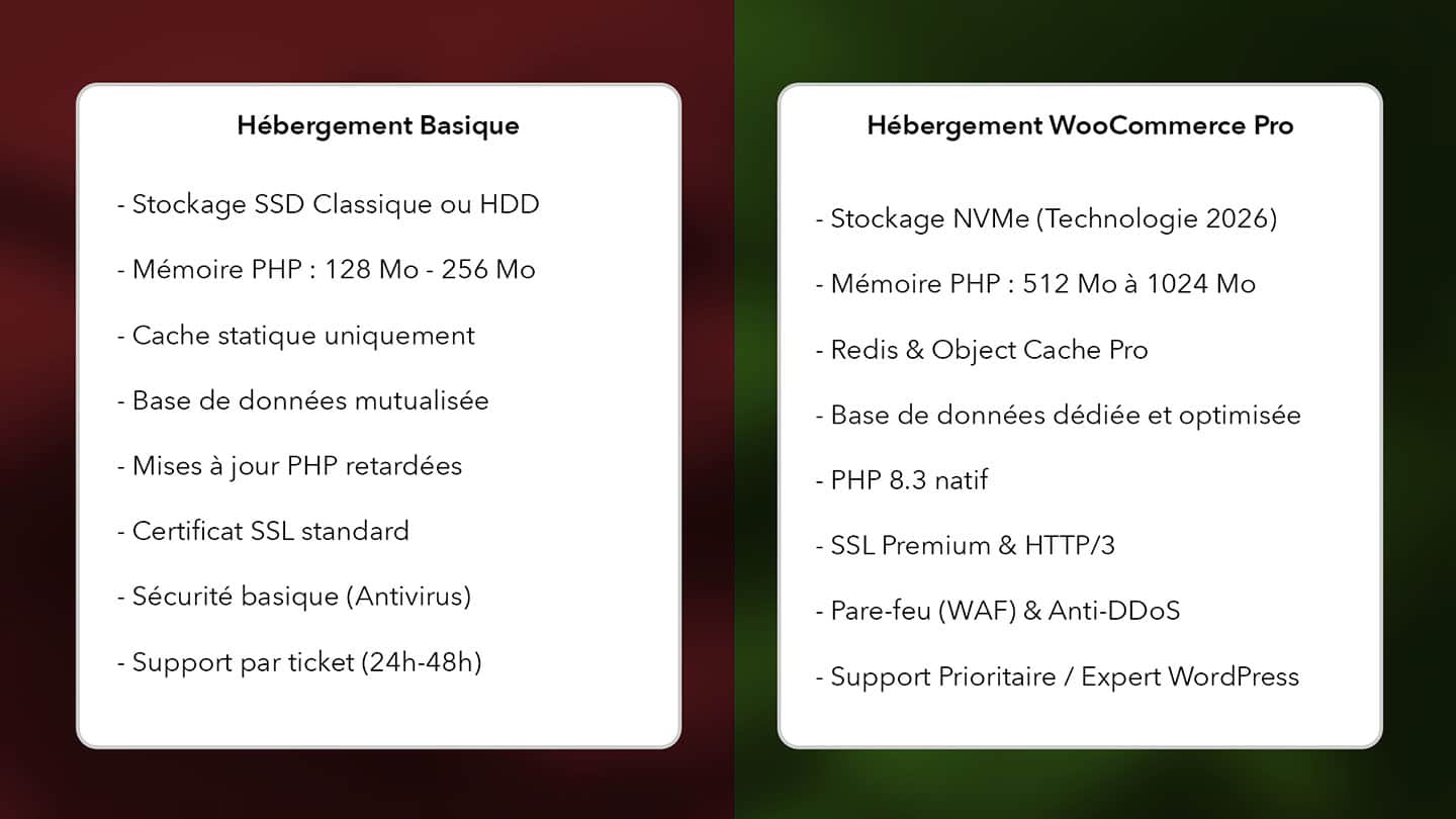 Comparaison des options d'hébergement web : Basique et WooCommerce Pro