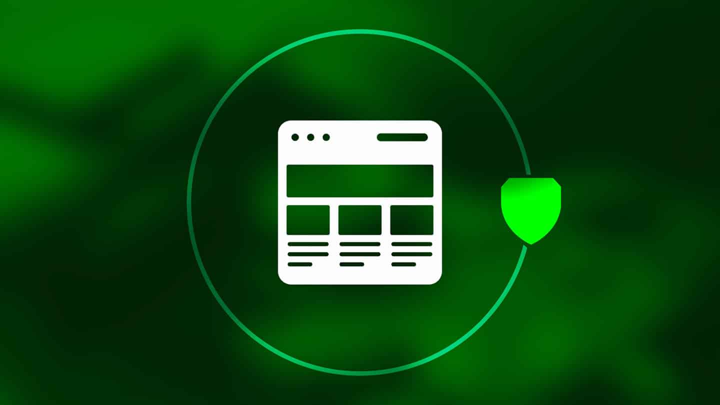 Icône de site web avec un bouclier de protection sur fond vert.
